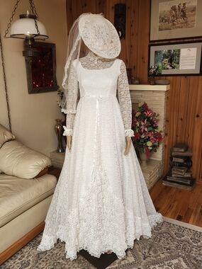 Glimmering 1970s Dream: Bridal Originals Sequin Lace Gown & Sonni of SF Veil Hat
